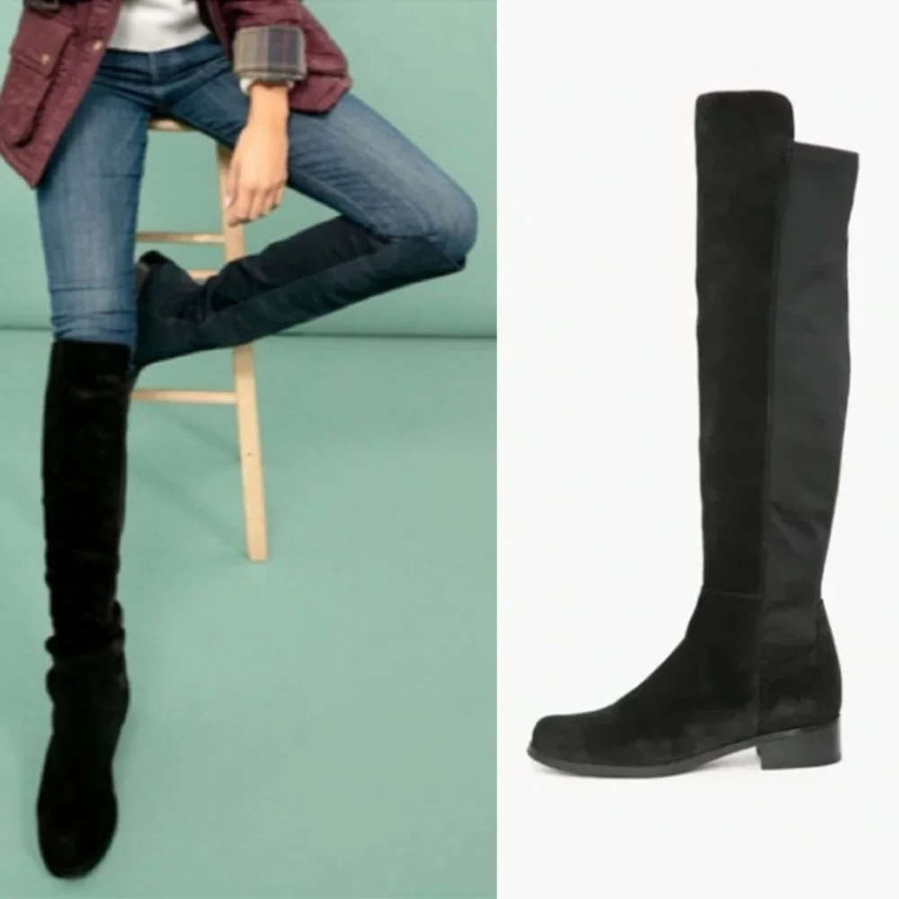 Black Over-the-Knee Women's Boots - Classic Suede Look